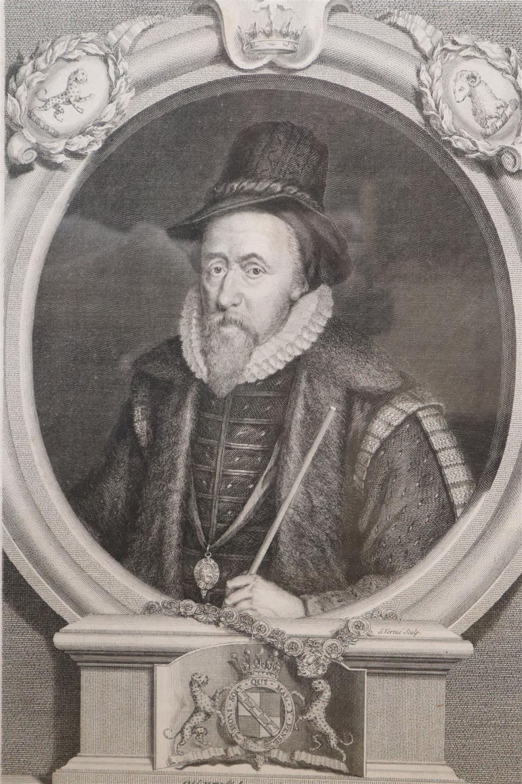 An 18th century engraved portrait of Thomas Sackville, Earl of Dorset, overall 48 x 34cm